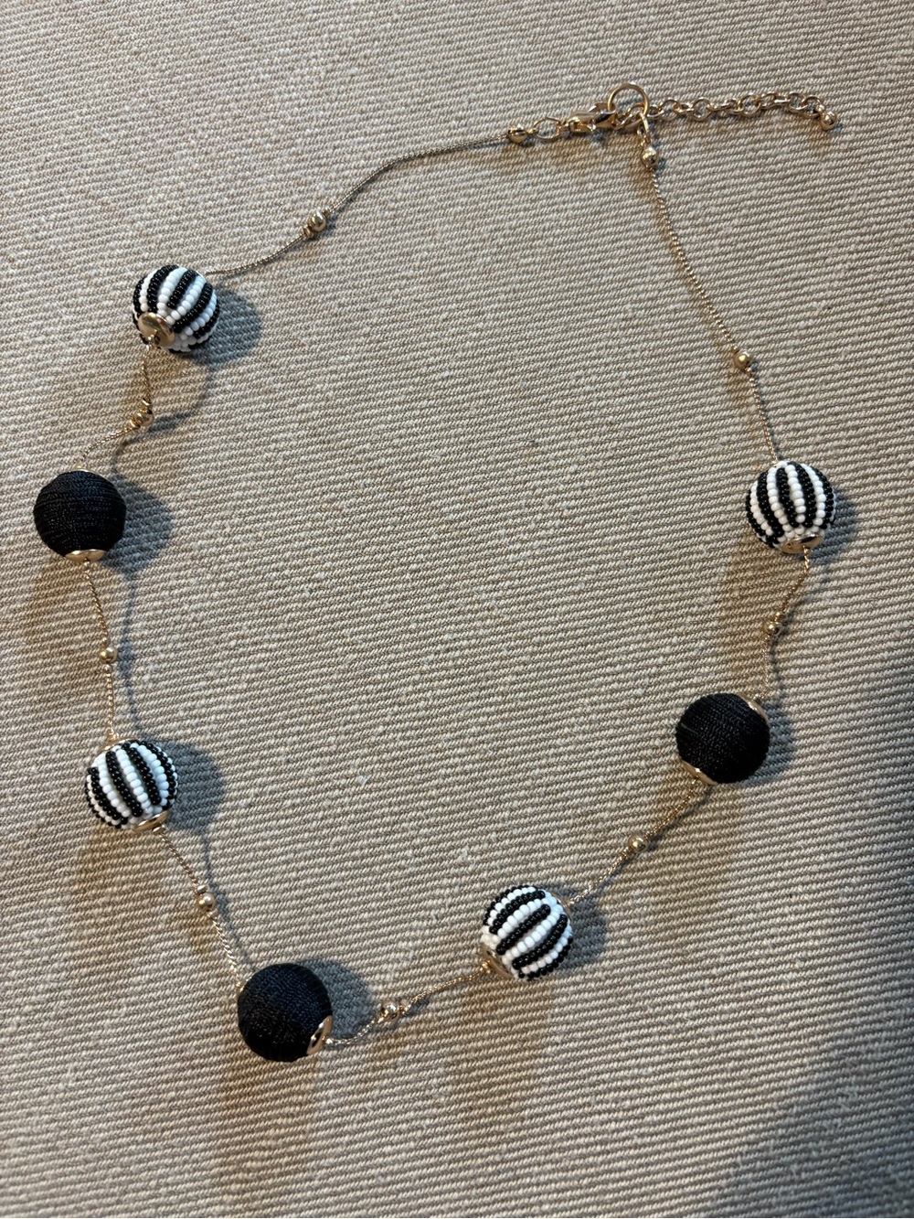 GORGEOUS Black and Black White Stripe Bead with gold tone beaded chain necklace